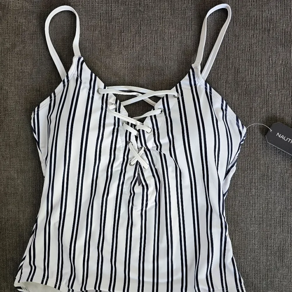 Nautica Cool white & navy Lace-Up Stripe Women's One Piece Swimsuit size large